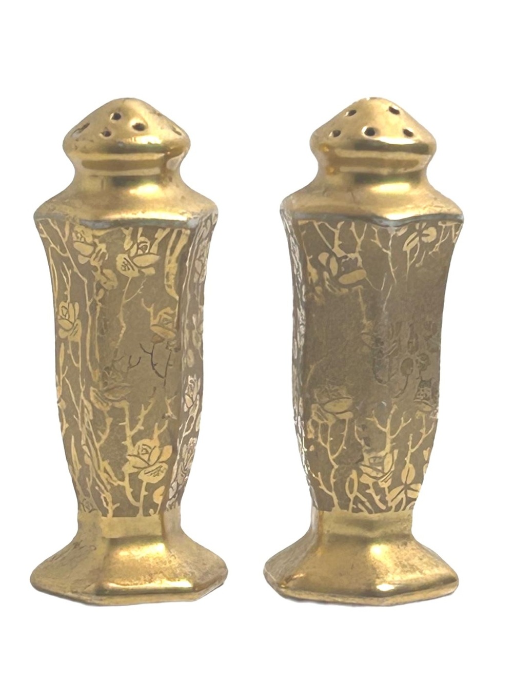 Vintage Stouffer China Gold Gilded “Rose and Daisy” Salt and Pepper Shakers Pair